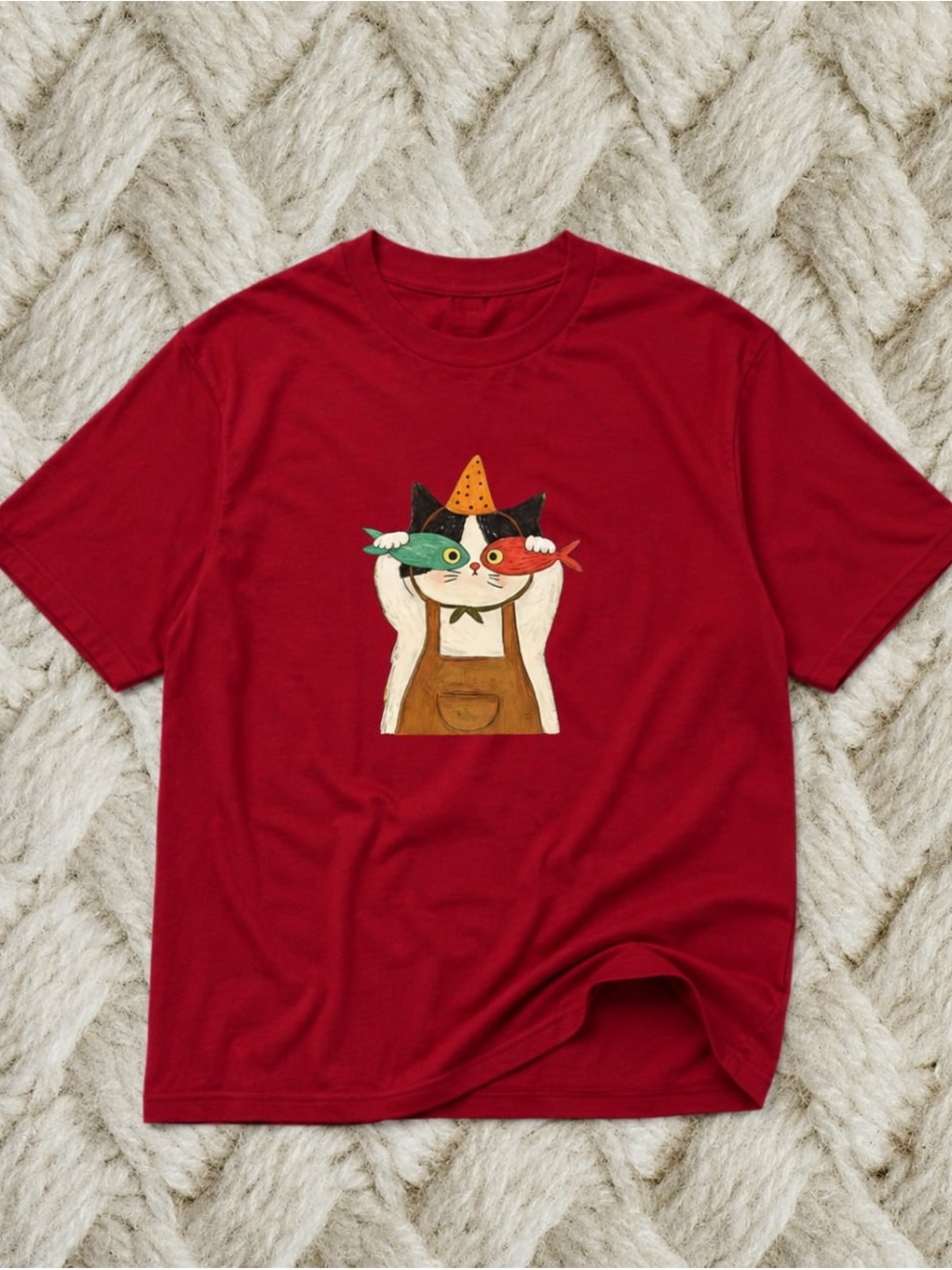 Gildan Red Short Sleeve Tee with Cat & Fish Graphic